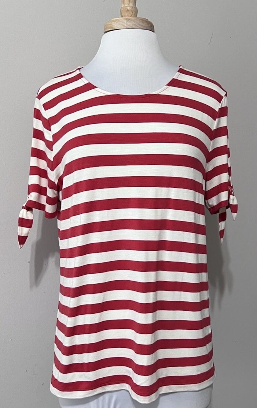 NWT Chicos 2 Large Top Red Sienna Stripe Tie Slit Sleeve Tee Shirt Stretch Knit